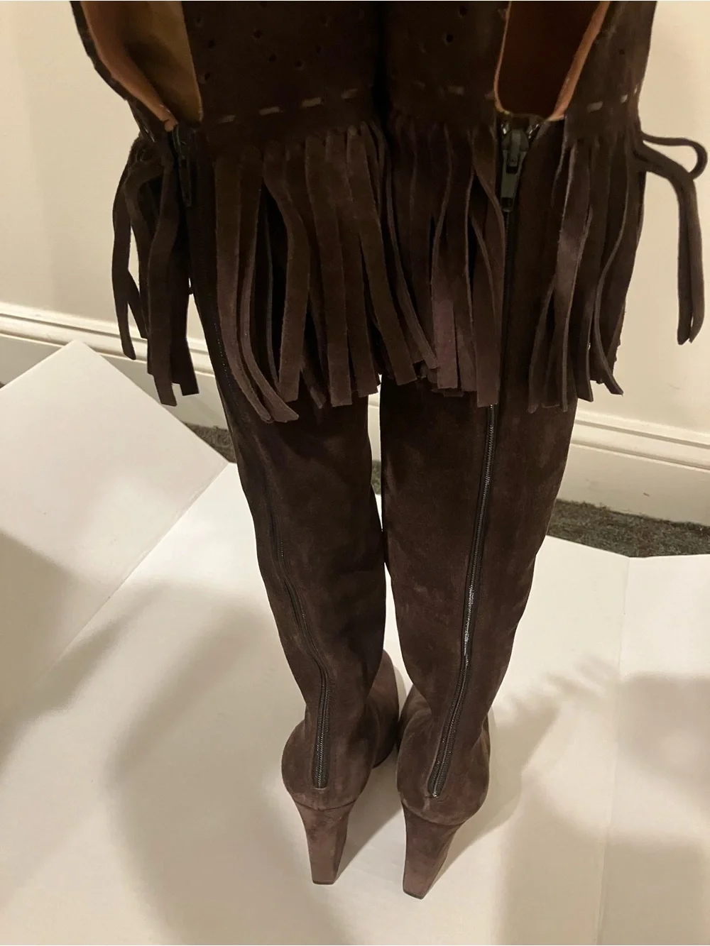 Alaia authentic Dark Brown Suede Over-the-Knee Fringe Boots